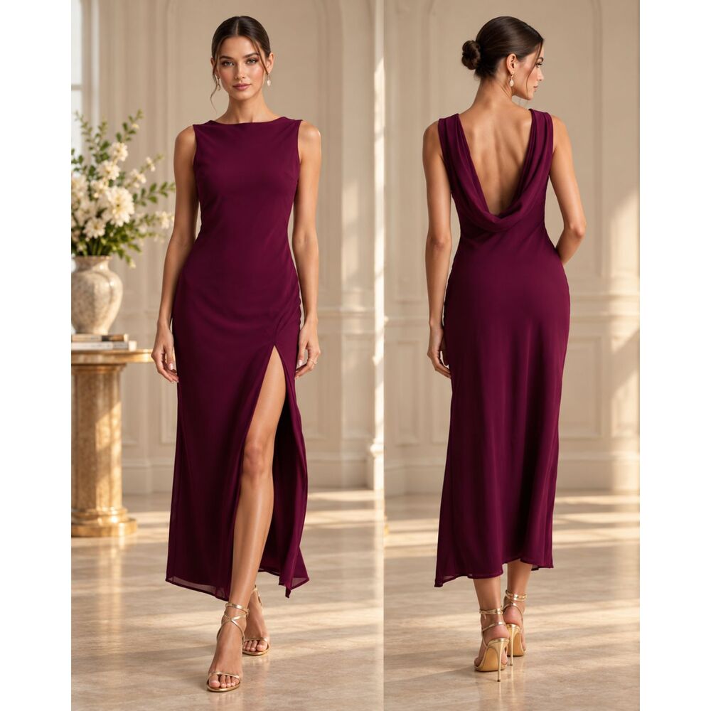 Lulus Yaneli Maxi Dress Plum Boat Neck Cowl Back Size XXS NWOT